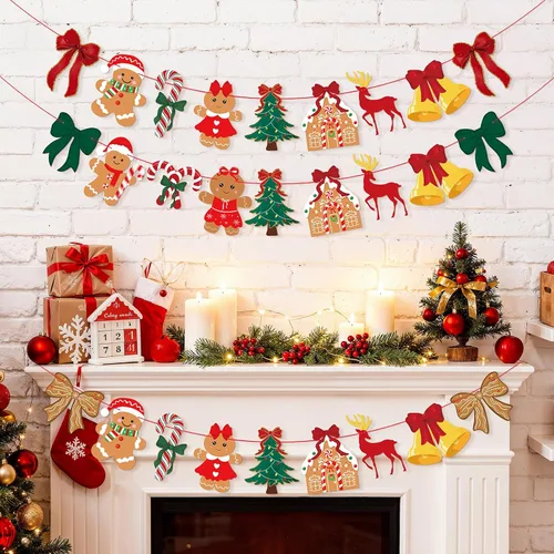 Vista 4 de 3 unidades de pancarta de Navidad con lazo vintage, lazos verdes y rojos, árbol de Navidad, árbol de Navidad, hombre de jengibre, guirnalda