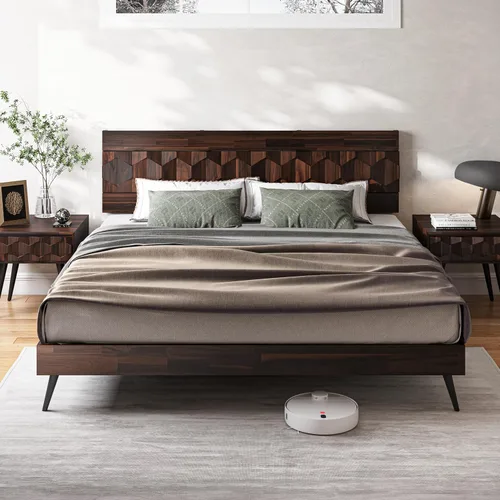 Vista 16 de Bme Georgina - Marco de cama tamaño Queen con cabecero y diseño geométrico artesanal distintivo, diseño con patente estadounidense pendiente, madera