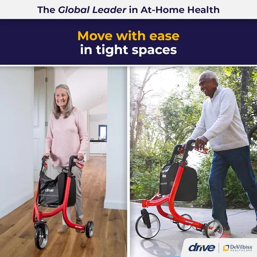 Vista 2 de Drive Medical Nitro - Andador con ruedas de 3 ruedas, ultraligero con ruedas, rodillo plegable para personas mayores y adultos, color rojo