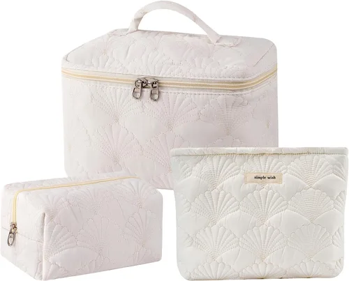 Vista 8 de RSRSLEII Bolsa de maquillaje acolchada de conchas de algodón, bolsa de aseo 01Blanco