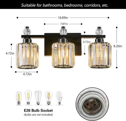 Vista 5 de Luces de Tocador de Baño de 3 Luces, Placado Negro, Modernas Luces de Tocador de Cristal para Baño, Luces de Tocador de Cristal para Usar Sobre