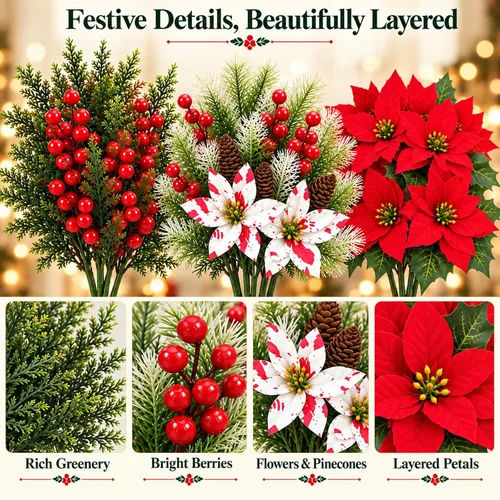 Vista 4 de 12 paquetes de púas artificiales de Navidad, tallos de pino cedro y bayas