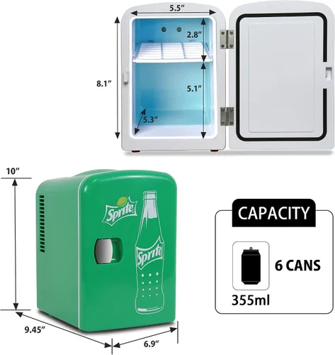 Vista 5 de Sprite Mini Nevera - Refrigerador para Dormitorio Oficina Enfriador Portátil de Bebidas, 12V 110V Para Bebidas, Refrescos, Vinos, Uso en Carro