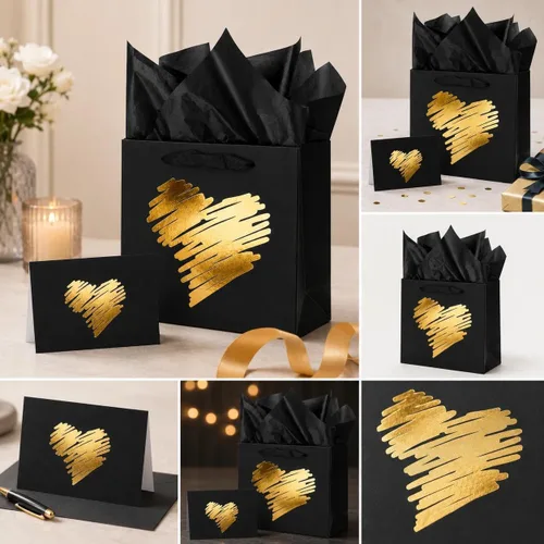 Vista 5 de ysmile Pequeña bolsa de regalo negra con papel de seda para hombres, fiesta de cumpleaños, aniversario, día del padre, 7.8 pulgadas, corazón dorado