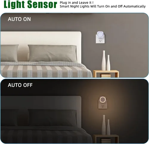 Vista 4 de Luces nocturnas LED enchufables a la pared, luz nocturna suave indirecta regulable con sensor de polvo a amanecer, luz nocturna cálida para Blanco