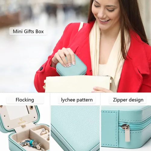 Vista 4 de Vee - Estuche pequeño para joyas de viaje mini organizador de joyas con espejo portátil caja de joyería para aretes anillos collares pulseras