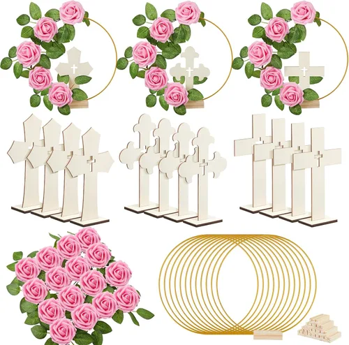 Vista 12 de Wesiti 48 piezas Centro de mesa para bautizo, decoración de mesa para primera comunión, 12 cruces de madera, 12 aros florales con soporte, 24 rosas