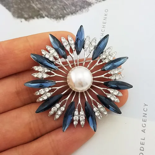 Vista 2 de SELOVO Broche de flor azul Crysal Simulated Pearl Silver Tone, Cristal, Cristal