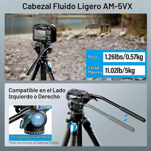 Vista 5 de SIRUI - Cabezal de video fluido AM-5VX, cabezal de trípode ligero con placa de liberación rápida para cámara de video