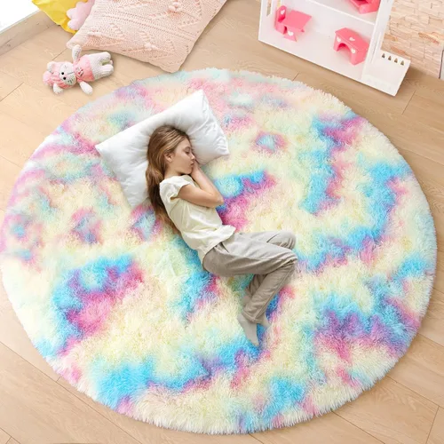 Vista 9 de junovo - Alfombra redonda y esponjosa para niños y niñas, de castillo de princesa, de felpa lanuda, para dormitorio, habitación de bebé, sala