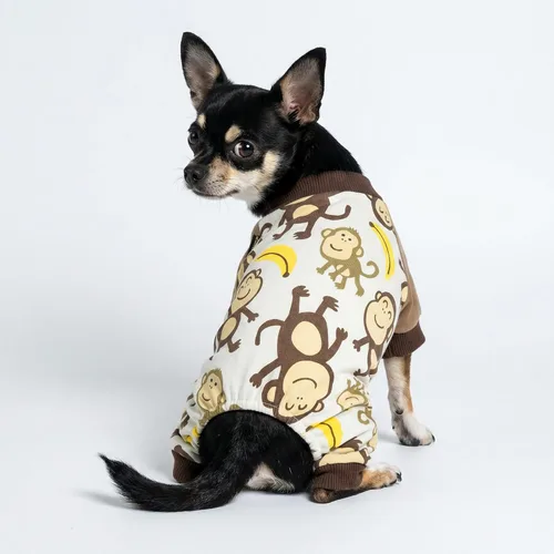 Vista 4 de Pijama para mascotas Fitwarm de algodón suave con estampado de monos, marrón, Marrón