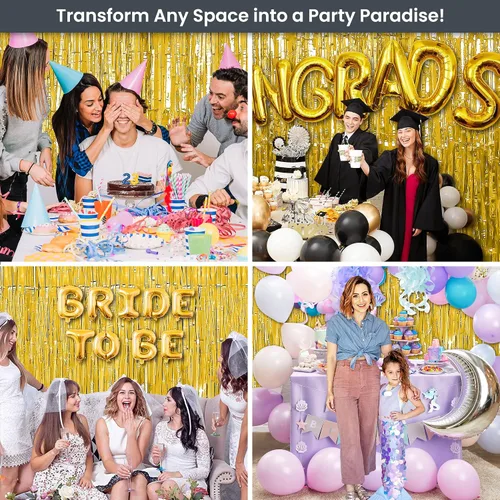 Vista 5 de RFAQK Paquete de 5 cortinas de flecos de papel de aluminio dorado de 3.3 x 8.2 pies para decoraciones de fiesta de cumpleaños, telón de fondo dorado