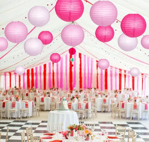Vista 7 de Faroles de papel decorativos, faroles chinos redondos colgantes rosados con luces para compromiso, despedida de soltera, fiesta de cumpleaños, 12
