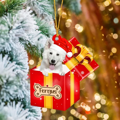 Vista 10 de Adorno de Navidad personalizado de Akita Inu, nombre personalizado Akita Inu para árbol de Navidad, en caja de regalo roja