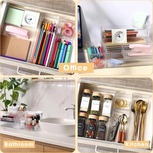 Vista 6 de Teenyyou Organizador de cajones apilables de 4 tamaños, bandejas de acrílico para almacenamiento de cosméticos, joyas, suministros de oficina