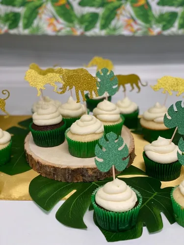 Vista 2 de ALISSAR Paquete de 40 adornos para cupcakes de animales de la selva con purpurina, temática de selva de safari, baby shower, fiesta, pasteles