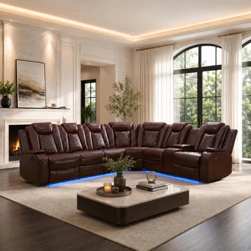 Vista 12 de Sofá modular reclinable eléctrico para sala de estar, moderno juego de sofá modular de cuero en forma de L, juego de sofá reclinable, con luces LED