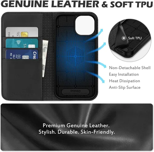 Vista 3 de SHIELDON Funda para iPhone 15 6.1" 2023, Funda Tipo Cartera de Cuero Genuino con [Soporte] [Tarjetero con Bloqueo RFID] [Magnética] Cubierta
