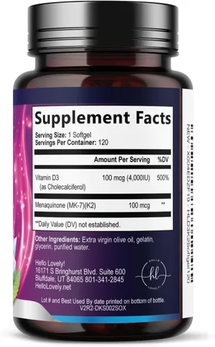 Vista 8 de Vitamina D con K2 (MK-7) – Vitamina D3 4000IU (125 mcg) por porción – Suplemento complejo D3K2 para huesos, dientes, músculos, absorción de calcio