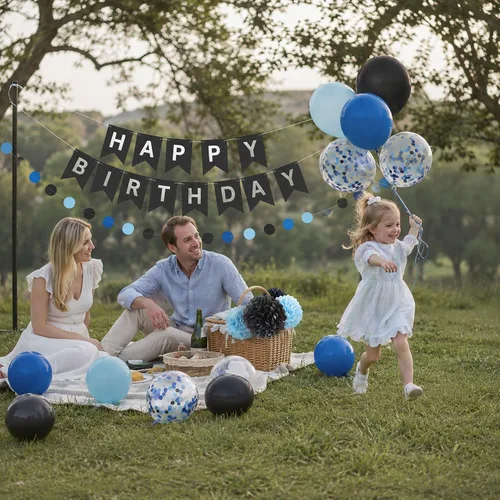 Vista 6 de ANSOMO Decoraciones de Fiesta de Cumpleaños Azul y Negro para Niños Hombres Pancarta Globos Azul Marino Azul Real Azul Claro Pompones Cortina