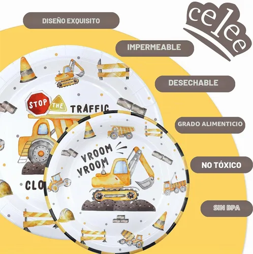 Vista 4 de Juego de decoraciones de fiesta de cumpleaños de construcción, platos, servilletas y tenedores para 20 invitados, vajilla desechable con temática