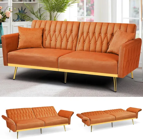 Vista 10 de Sofá cama futón de terciopelo de 70 pulgadas con reposabrazos ajustables, color azul bebé