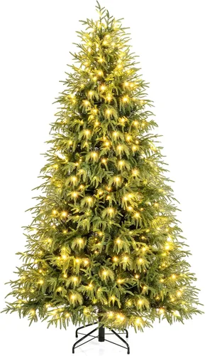 Vista 13 de Goplus Árbol de Navidad artificial preiluminado de 4.5 pies con nieve, árbol de Navidad completo con bisagras con 160 luces LED multicolores, 8