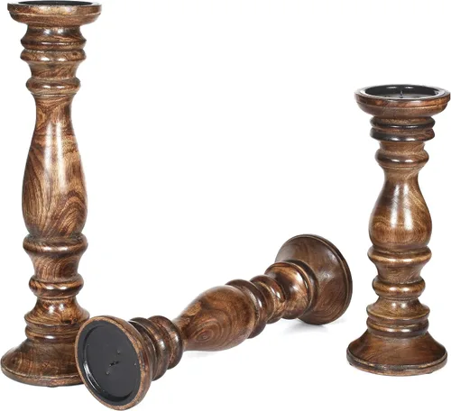 Vista 3 de Juego de 3 candelabros de pilar de madera de granja - Portavelas altos rústicos hechos a mano para decoración del hogar, centros de mesa, bodas