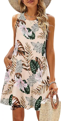 Vista 50 de SimpleFun - Vestidos de verano para mujer, camiseta floral, vestido de playa de estilo bohemio, informal, con bolsillos y sin mangas