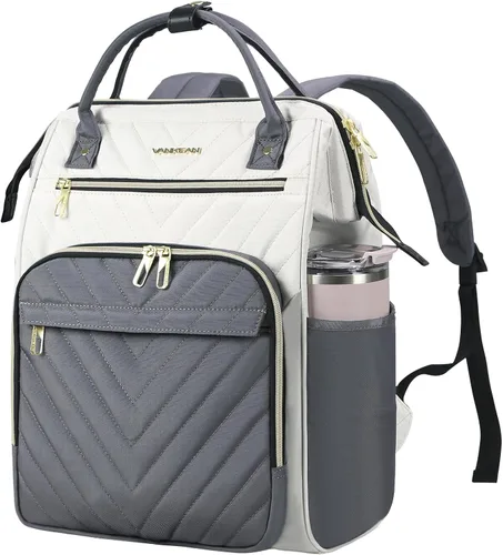 Vista 20 de VANKEAN Mochila para portátil de 17 pulgadas para mujeres y hombres, bolsa de trabajo de computadora de moda, Beige-café, 15,6 pulg., 7702