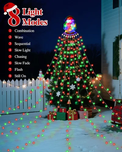 Vista 3 de Guirnalda de luces de cascada de Navidad para exteriores, luces de árbol de Navidad con 335 luces LED de 11.48 pies, 9 hebras, 8 modos