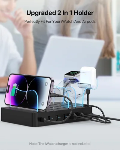 Vista 6 de SooPii - Estación de carga PD de 6 puertos para múltiples dispositivos, carga rápida USB C PD de 20 W para iPhone 14/13/12, incluye 6 cables cortos