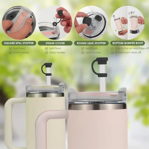 Vista 3 de Juego de tapones y fundas de silicona para vasos Stanley, 7 unidades, color negro Stanley Cup - Juego de accesorios compatibles con H2.0, fundas