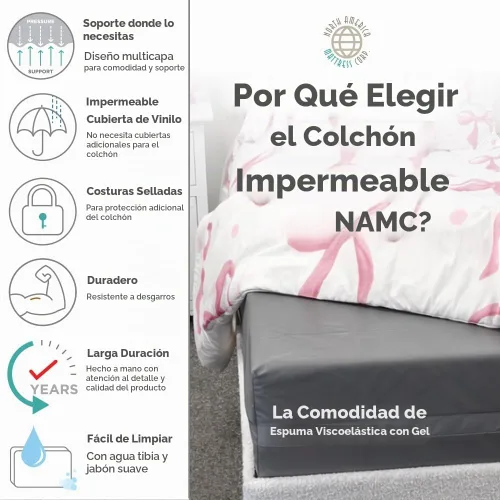 Vista 4 de Colchón de espuma viscoelástica para incontinencia impermeable, parte superior infundida de gel, funda de vinilo sellada, fácil de limpiar