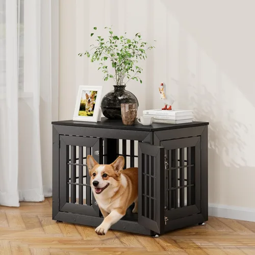 Vista 15 de Snuowu Mueble de jaula de perro resistente de 26 pulgadas para perros pequeños, medianos y grandes, jaula rústica de madera para perros, muebles