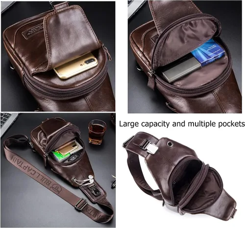 Vista 5 de BULLCAPTAIN Bolso bandolera de cuero genuino para hombre, bolso cruzado para viajes, senderismo, mochila de hombro