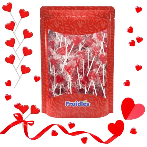 Vista 4 de Mini paletas para el día de San Valentín con forma de corazón rojo con sabor a fresa, envueltas individualmente, paletas de 0.18 oz, aprox. 40