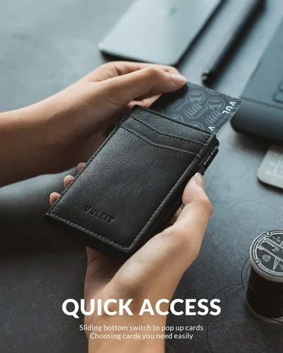 Vista 2 de VULKIT Billeteras delgadas para hombre, con bloqueo RFID, diseño minimalista con capacidad para hasta 11 tarjetas, Negro -, Minimalista