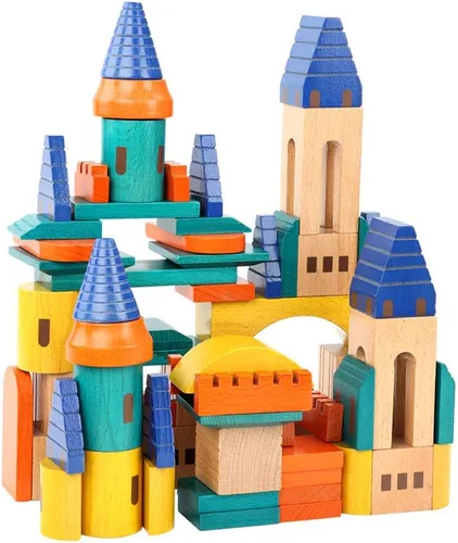 Vista 2 de Xylolin Juego de bloques de construcción de castillo de madera, juguete de bloques apilables de madera de haya maciza grande, juego de construcción
