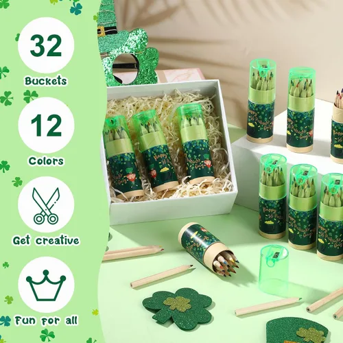 Vista 3 de Fumete Paquete de 32 mini lápices de colores del día de San Patricio, lápiz para colorear a granel con sacapuntas en tubo de dibujo, lápices