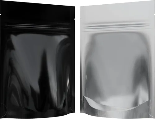 Vista 30 de Bolsas de barrera estilo Mylar – Cremallera con sellado térmico – 100 bolsas (negro brillante/transparente, 0.04 oz - 3 x 4.5 pulgadas)