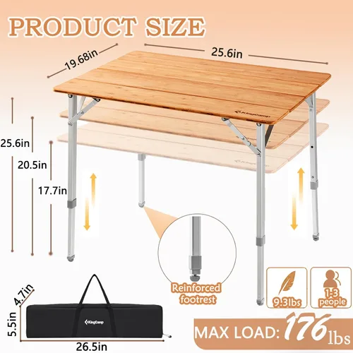 Vista 3 de KingCamp Mesa de Bambú Plegable Mesa de Camping Ecológica con Patas de Aluminio de Altura Ajustable Resistente 4 Pliegues Mesas de Campamento
