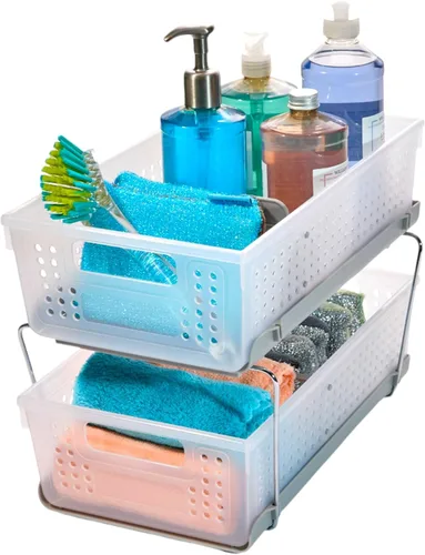 Vista 3 de madesmart Organizador de baño de 2 niveles, almacenamiento debajo del fregadero con cajones deslizantes, para suministros de limpieza, despensa