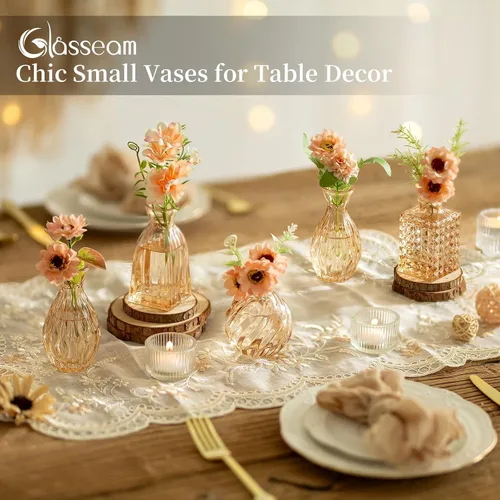 Vista 6 de Glasseam Jarrones de cristal para centros de mesa: pequeño jarrón de flores, juego de 4 mini jarrones vintage para flores, jarrón de centro de mesa