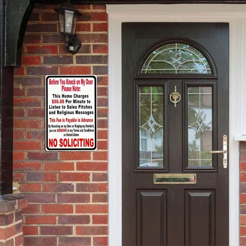 Vista 4 de Letrero de metal con texto en inglés "Before You Knock On My Door No Soliciting", de 8 x 12 pulgadas