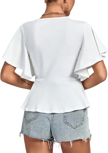 Vista 2 de LYANER Blusa elegante de manga corta con volantes y cuello redondo para mujer