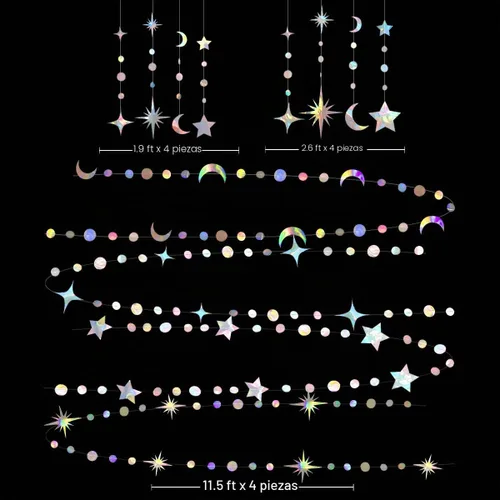 Vista 2 de Kit de guirnalda de estrellas iridiscentes, luna circular y puntos para decoración de fiesta, colgante de media luna y guirnalda de estrellas