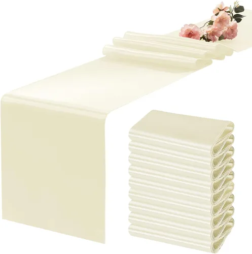 Vista 8 de MILVOWOC Paquete de 10 caminos de mesa de satén beige, 12 x 108 pulgadas, camino de mesa de seda satinada brillante, tela suave, camino de mesa