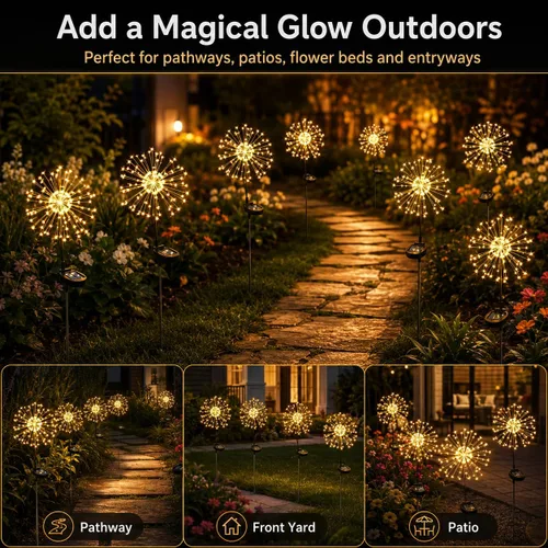 Vista 6 de JJGoo Luces solares para exteriores, fuegos artificiales, paquete de 2, 120 luces LED solares impermeables para exteriores, jardín, patio, valla