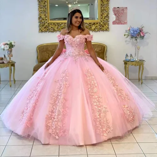 Vista 3 de XYAYE Vestido de quinceañera con hombros descubiertos para mujer, con flores en 3D, vestido de baile hinchado de encaje con cuentas, vestido